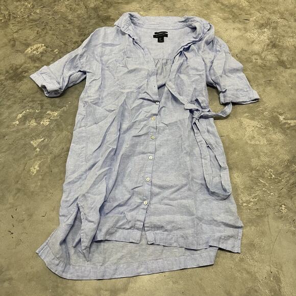 Tahari Shirt Dress 100% Linen Button Down Large L Light Blue Womens Tie Waist - Picture 1 of 5